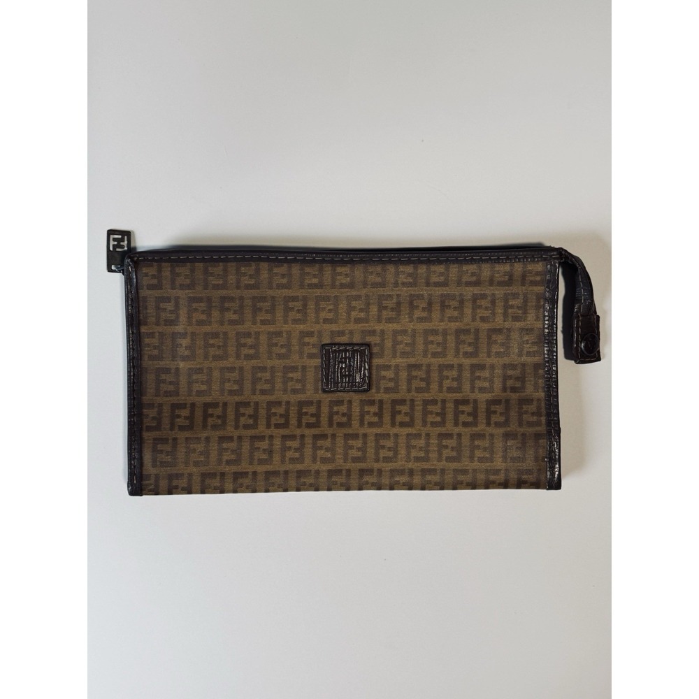 Fendi Zucca FF Logo Monogram Brown Canvas w/ Leather Trim Large Pouch Clutch Bag - Picture 9 of 9